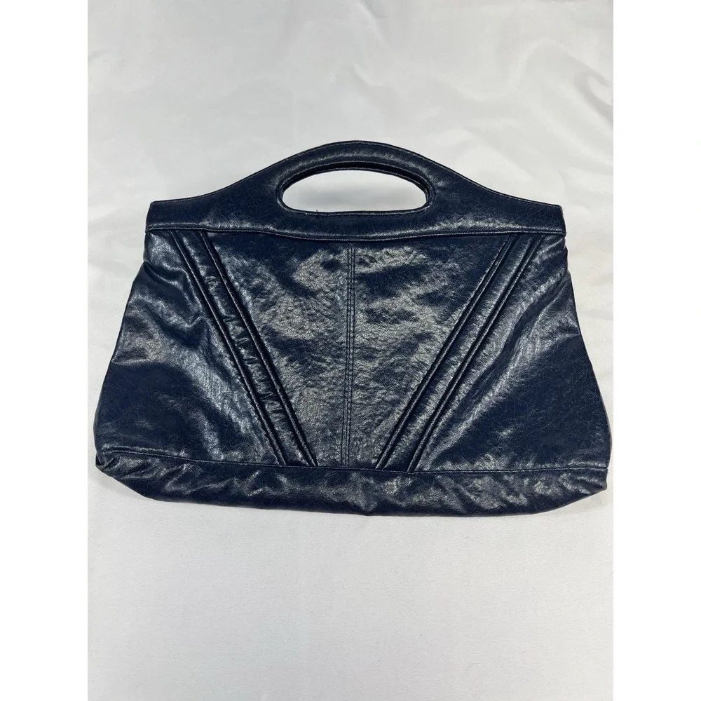 Vintage Navy Blue Faux Leather Clutch Purse Handbag Fold Over Snap Closure‎